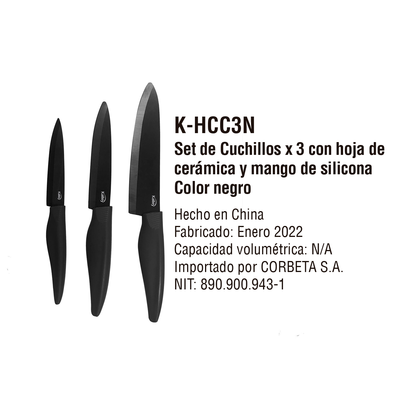 Set x 3 Cuchillos KALLEY Cerámica negros K-HCC3N